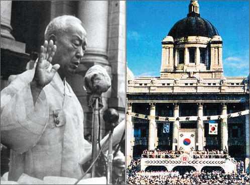 1948년 7월 24일 취임 선서를 하고 있는 이승만 대통령.(왼쪽) 1948년 8월15일 중앙청에서 열린 정부 수립식.(오른쪽).jpg